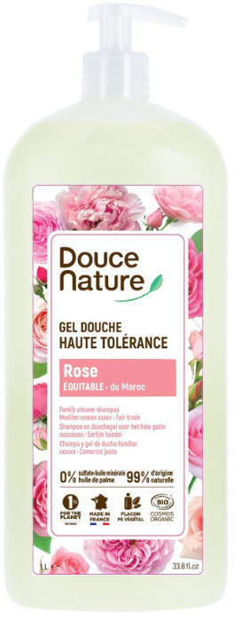 Douce Nature bio douchegel for high tolerance with rose from Morocco, 1 liter bottle, gentle for sensitive skin, natural ingredients