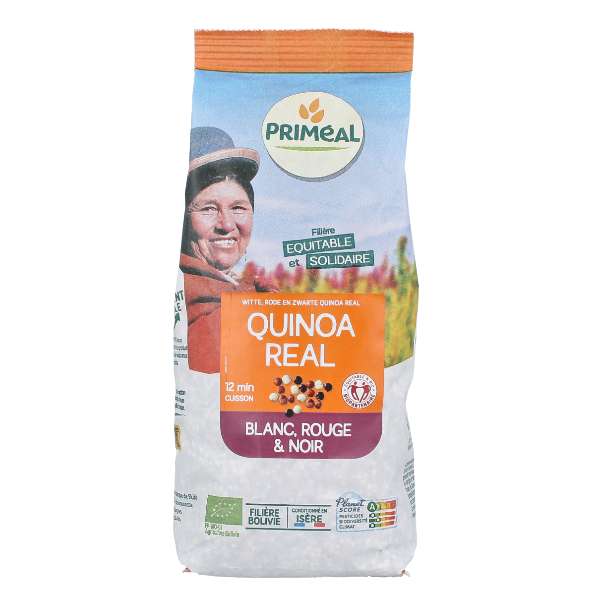 Primeal Quinoa Trio bio pasta and rice blend in a 500g package, showcasing the natural grains in a clear container.