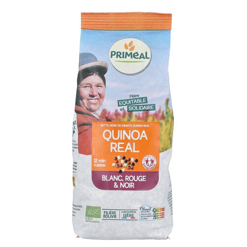 Primeal Quinoa trio organic pasta and rice mix in a 500g package, with colorful quinoa grains and rice on the label.