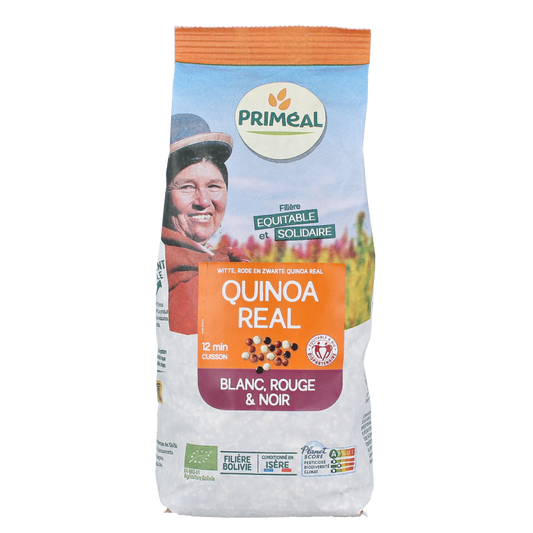 Primeal Quinoa trio organic pasta and rice mix in a 500g package, with colorful quinoa grains and rice on the label.
