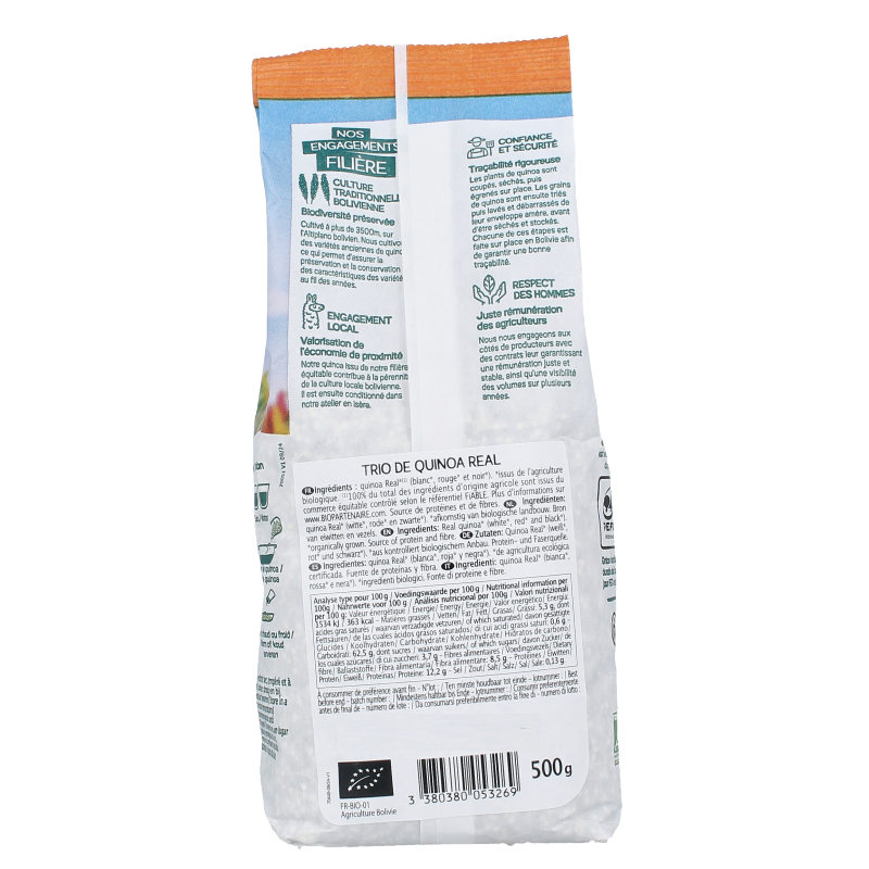 Primeal Quinoa trio bio pasta and rice blend in 500g package, organic gluten-free grains for healthy meals.