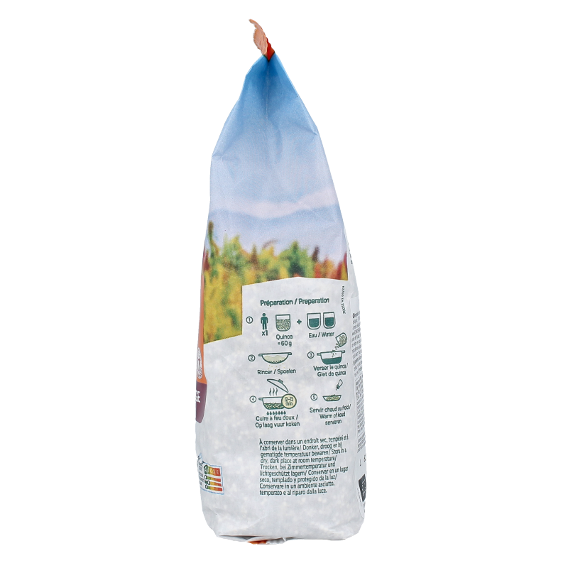 Primeal Quinoa Trio bio pasta and rice mix in 500g package, showcasing the natural grains and fresh ingredients.