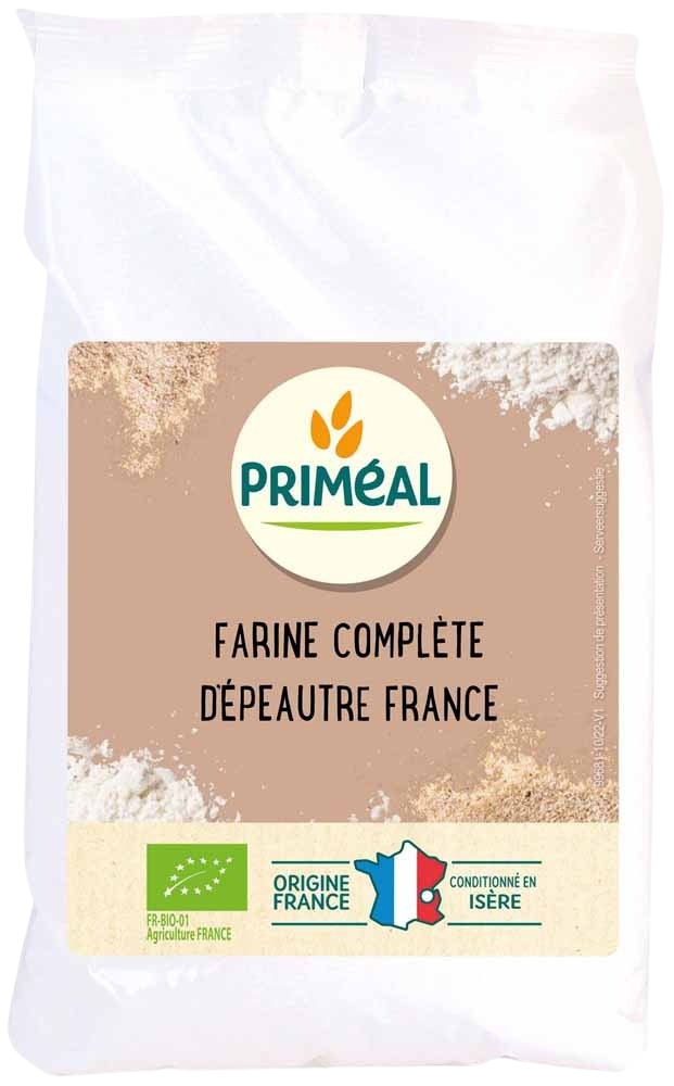 Organic Primeal whole spelt flour in a 1kg bag, ideal for baking and bread making, natural whole grain spelt flour.