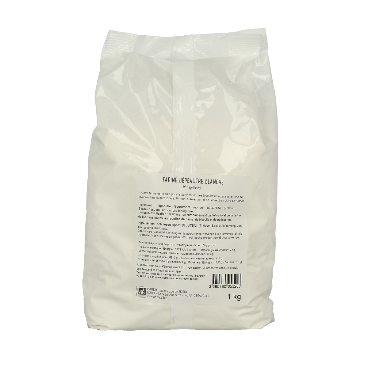 Primeal organic spelt flour in a 1kg package, natural whole grain baking mix for healthy bread and pastry baking.