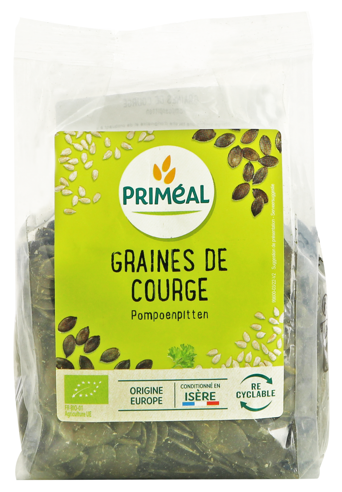 Organic Primeal pumpkin seeds in a 250g package, raw superfood, with greenish-brown shells and natural texture.