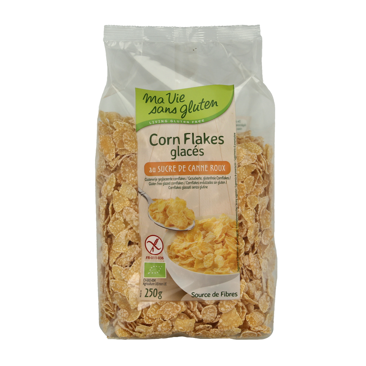 Gluten-free Ma Vie Sans organic corn flakes breakfast cereal in a 250g package, shown in a close-up image.