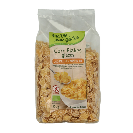 Gluten-free Ma Vie Sans organic corn flakes breakfast cereal in a 250g package, shown in a close-up image.
