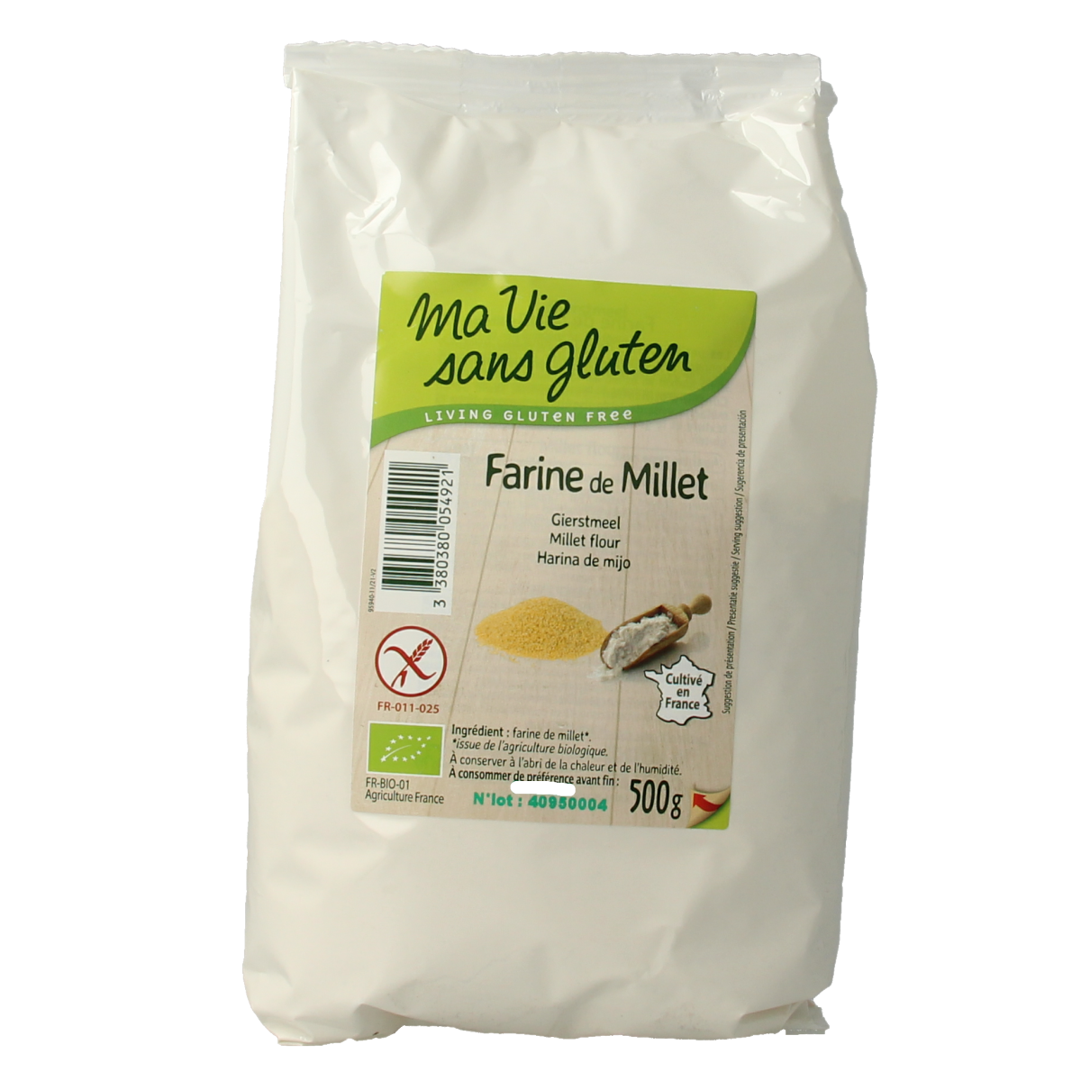 Ma Vie Sans glutenvrije biobakmix met gierstmeel, 500 gram, in een open pak met bloem en gierstmeel zichtbaar.
