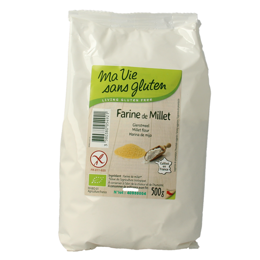 Ma Vie Sans glutenvrije biobakmix met gierstmeel, 500 gram, in een open pak met bloem en gierstmeel zichtbaar.