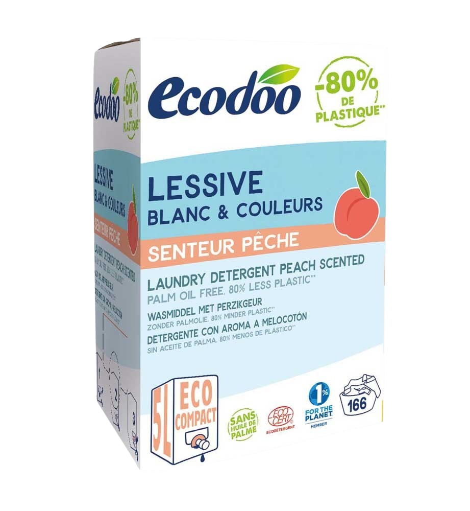 Ecodoo bio peach-scented laundry detergent in a 5-liter bag-in-box, eco-friendly wasmiddel for gentle cleaning.