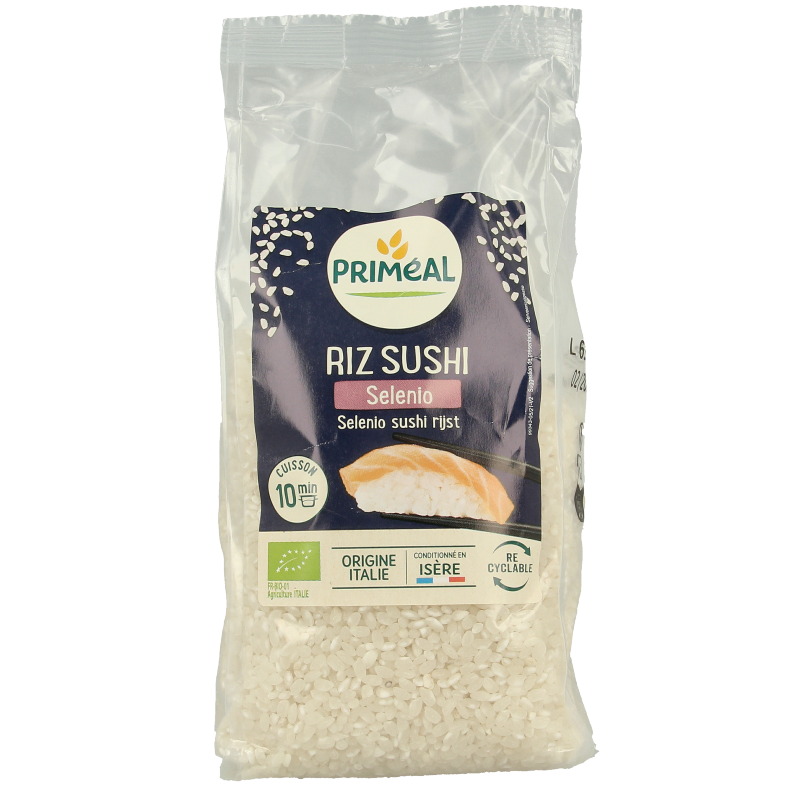 Primeal organic sushi rice, 500 grams, in a clear package, showing the short-grain rice suitable for sushi preparation.