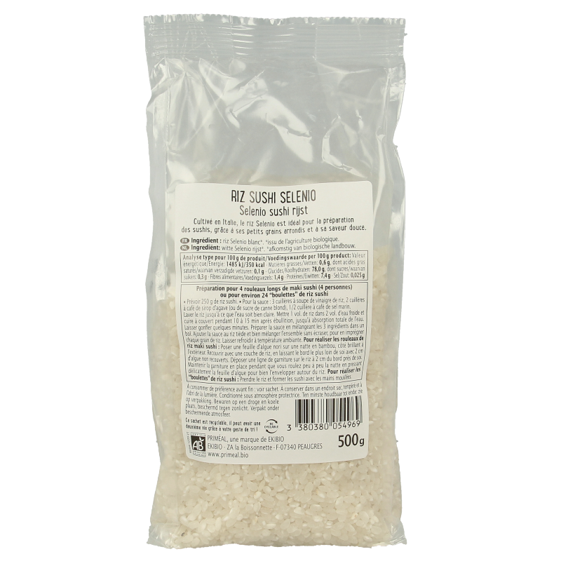 Primeal organic sushi rice 500g, short-grain Japanese rice for making sushi, displayed in a clear package.