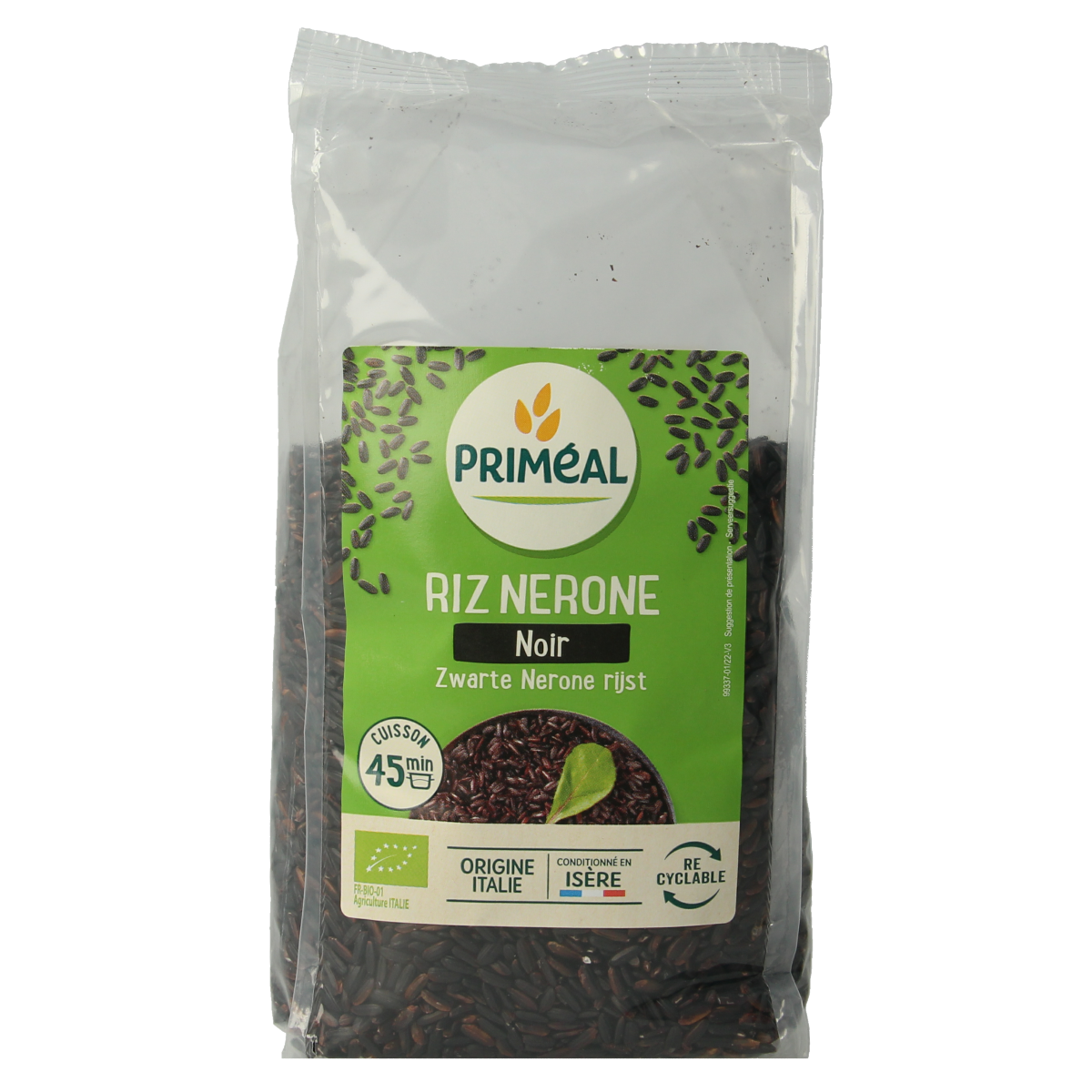 Primeal Zwarte Nerone biologische rijst in 500g verpakking, showcasing black rice grains on a white background.