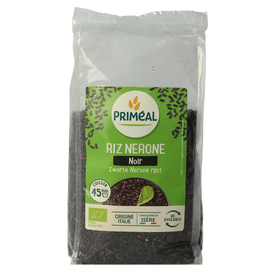 Primeal Zwarte Nerone biologische rijst in 500g verpakking, showcasing black rice grains on a white background.