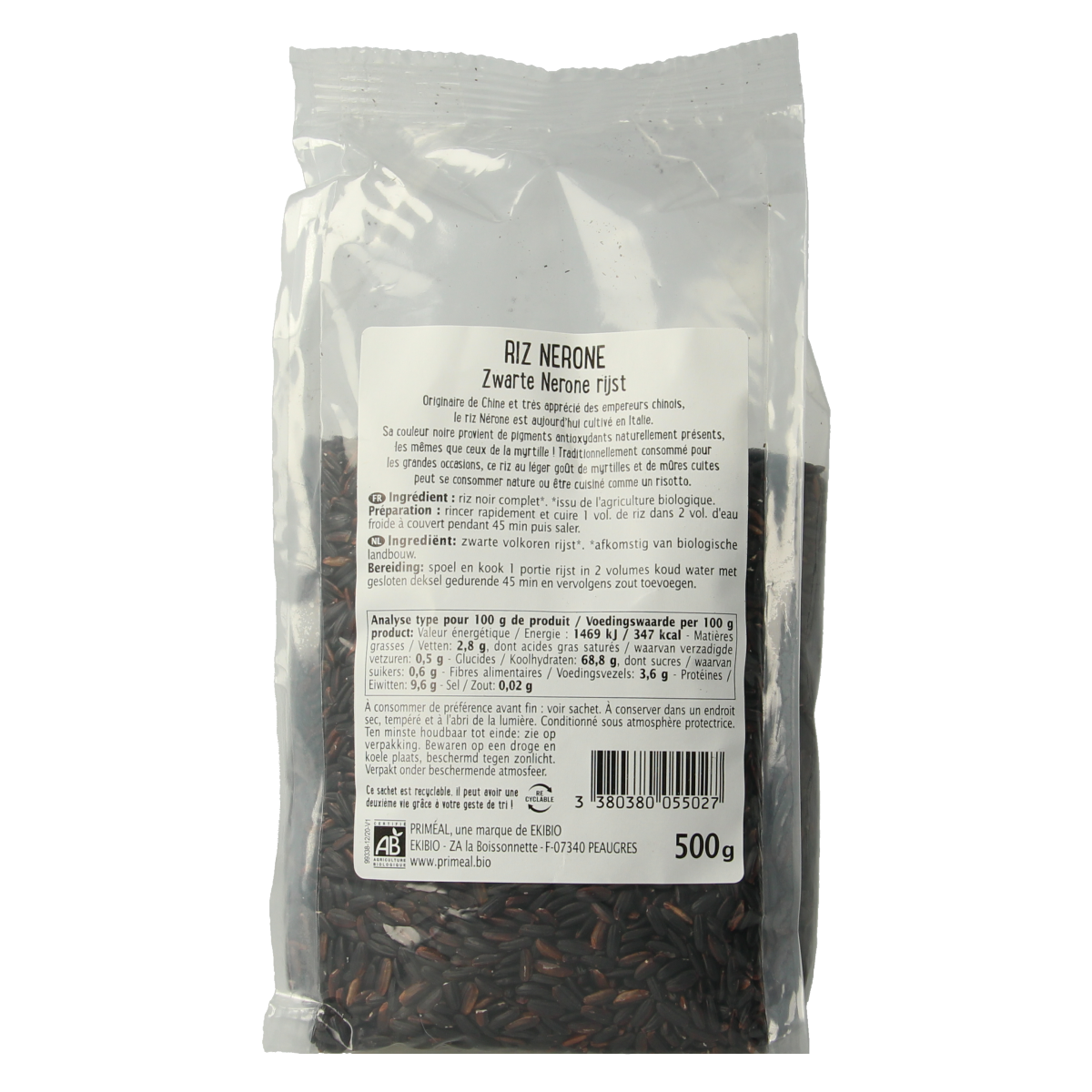 Primeal Zwarte Nerone rijst bio in 500g package, showcasing the dark, glossy grains of this organic pasta en rijst product.