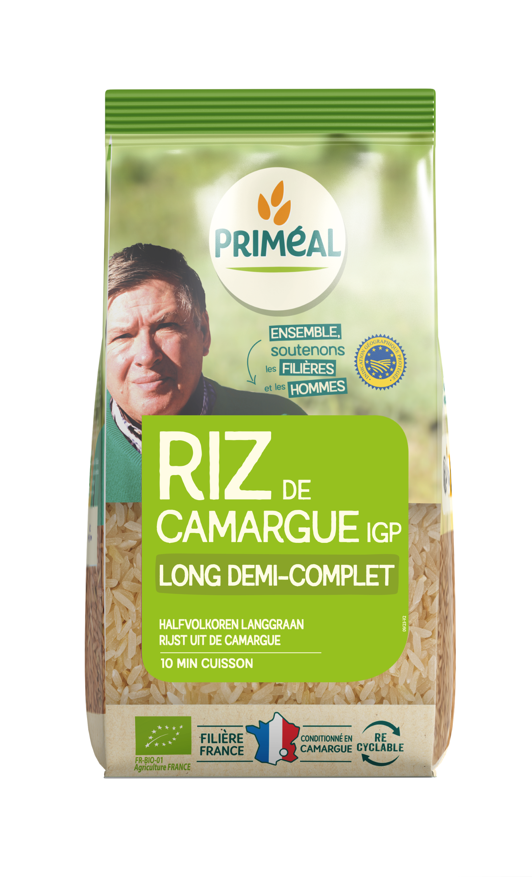 Primeal Halfvolkoren langgraan rijst Camargue bio, 500g, organic whole grain rice in a clear package.