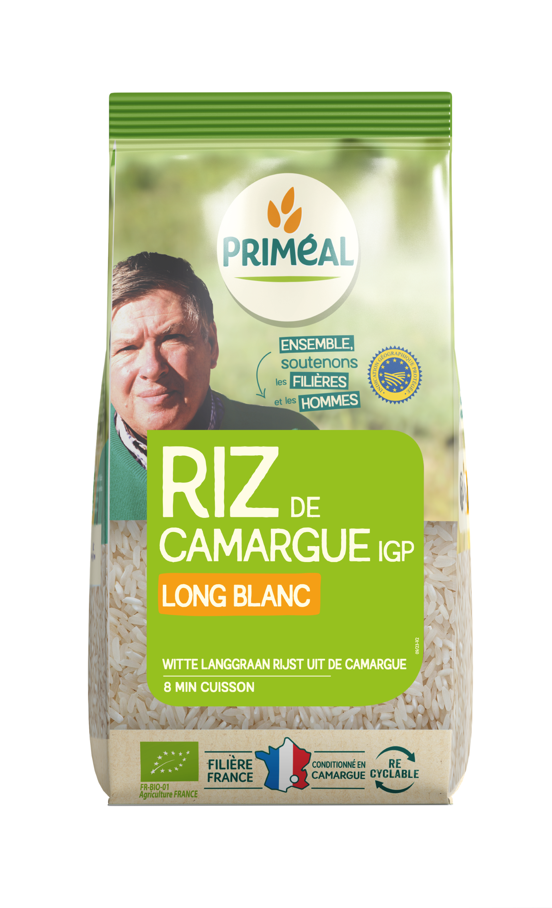 Primeal Witte langgraan rijst Camargue bio in 500g package, showcasing the rice grains in a natural setting.