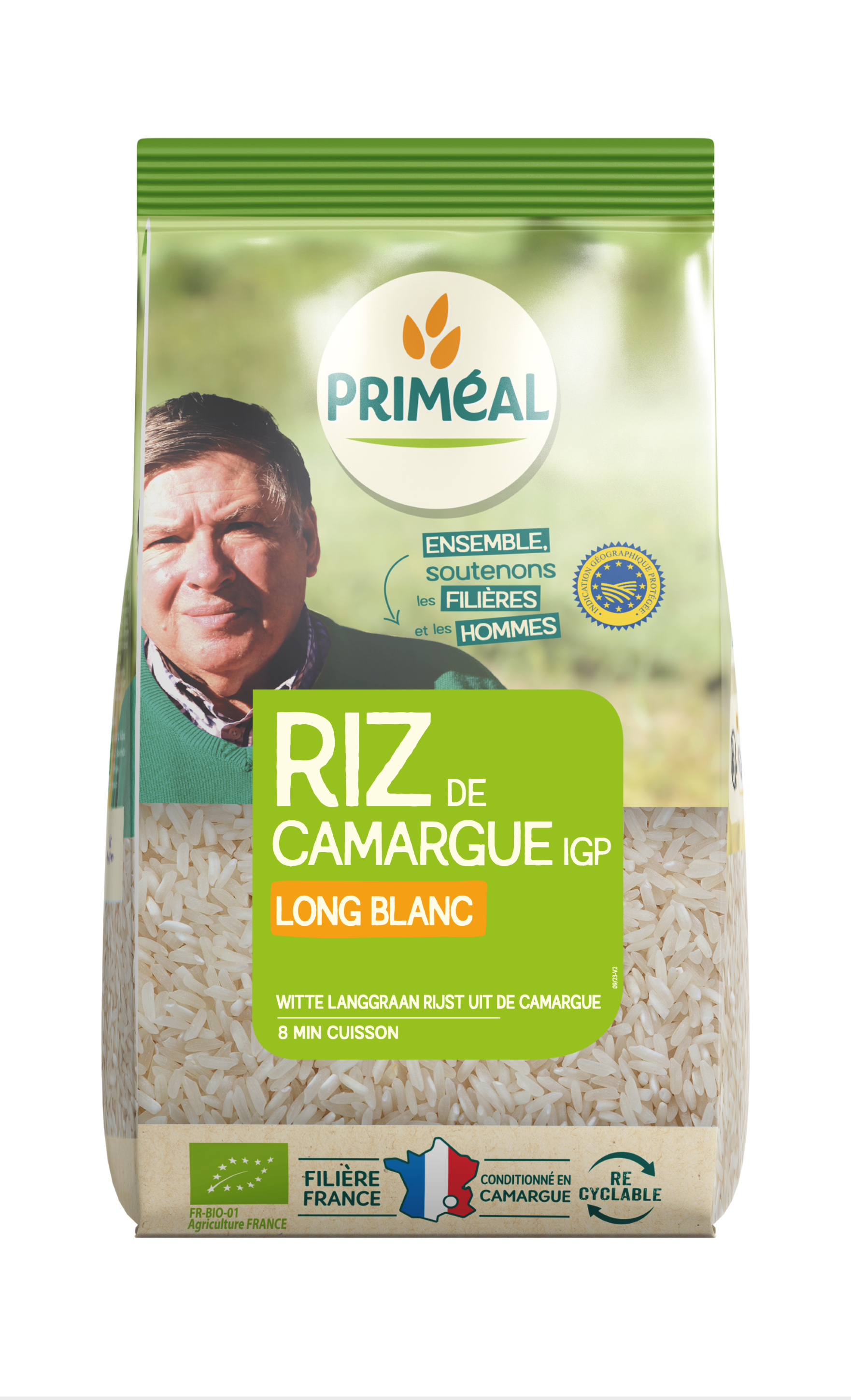 Primeal Witte Langgraan Rijst Camargue Bio, 1 kg, natural white rice with long grains in a packaging image