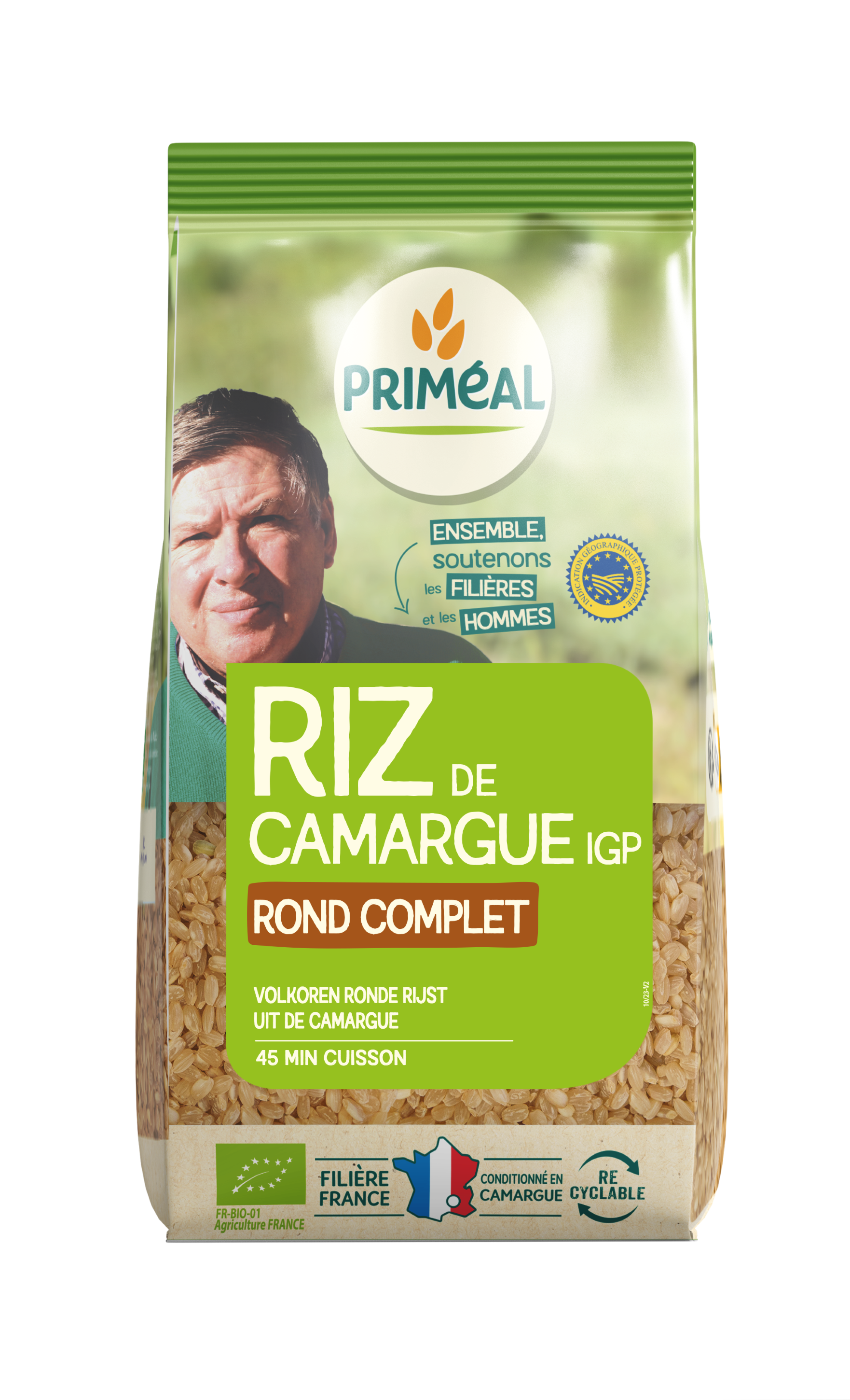 Primeal organic whole round Camargue rice in a 500g package, showcasing the rice grains in a clear close-up image.