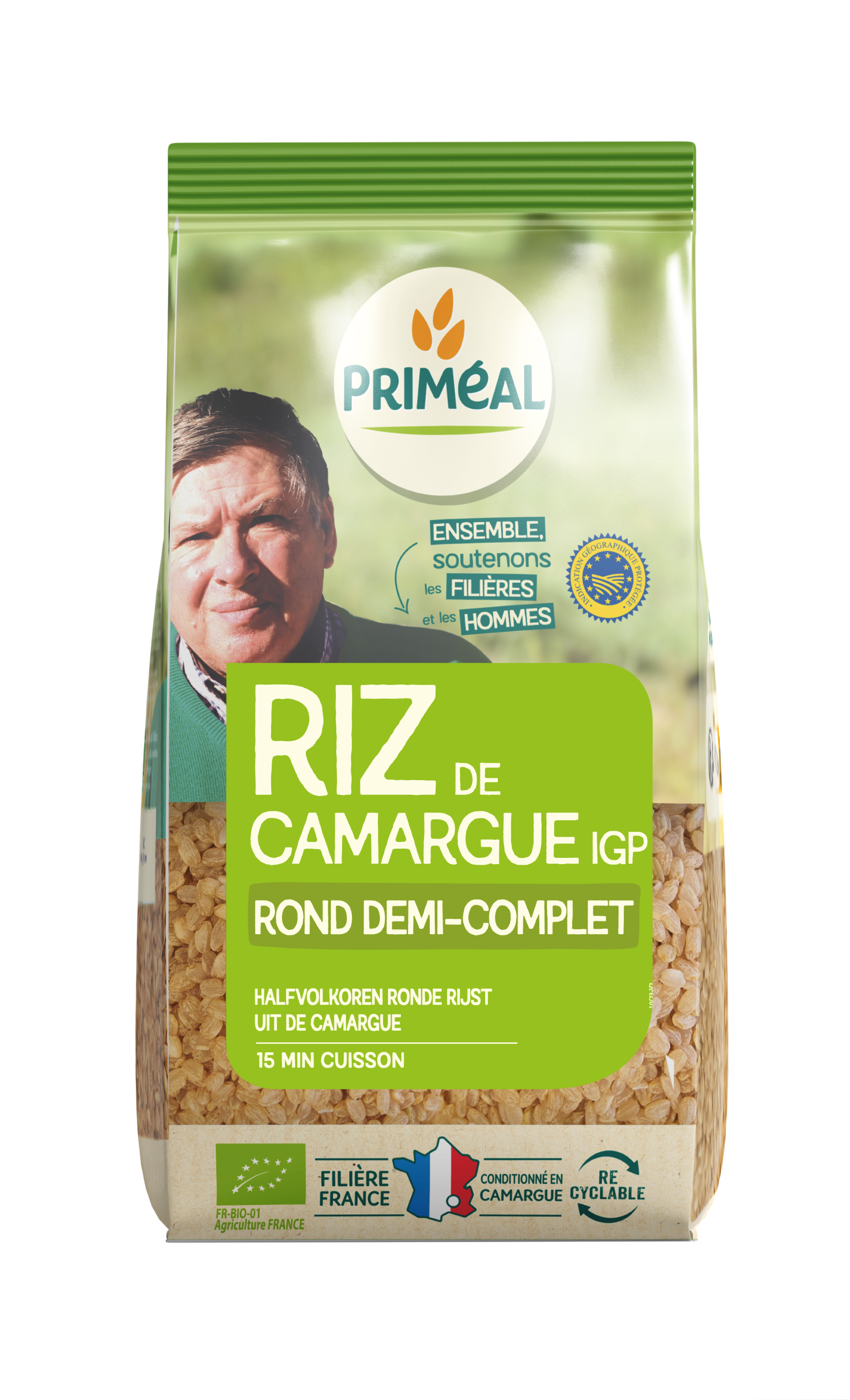 Primeal organic half-voorkoren ronde Camargue rice in a 500g package, showcasing the rice grains on the front of the package.