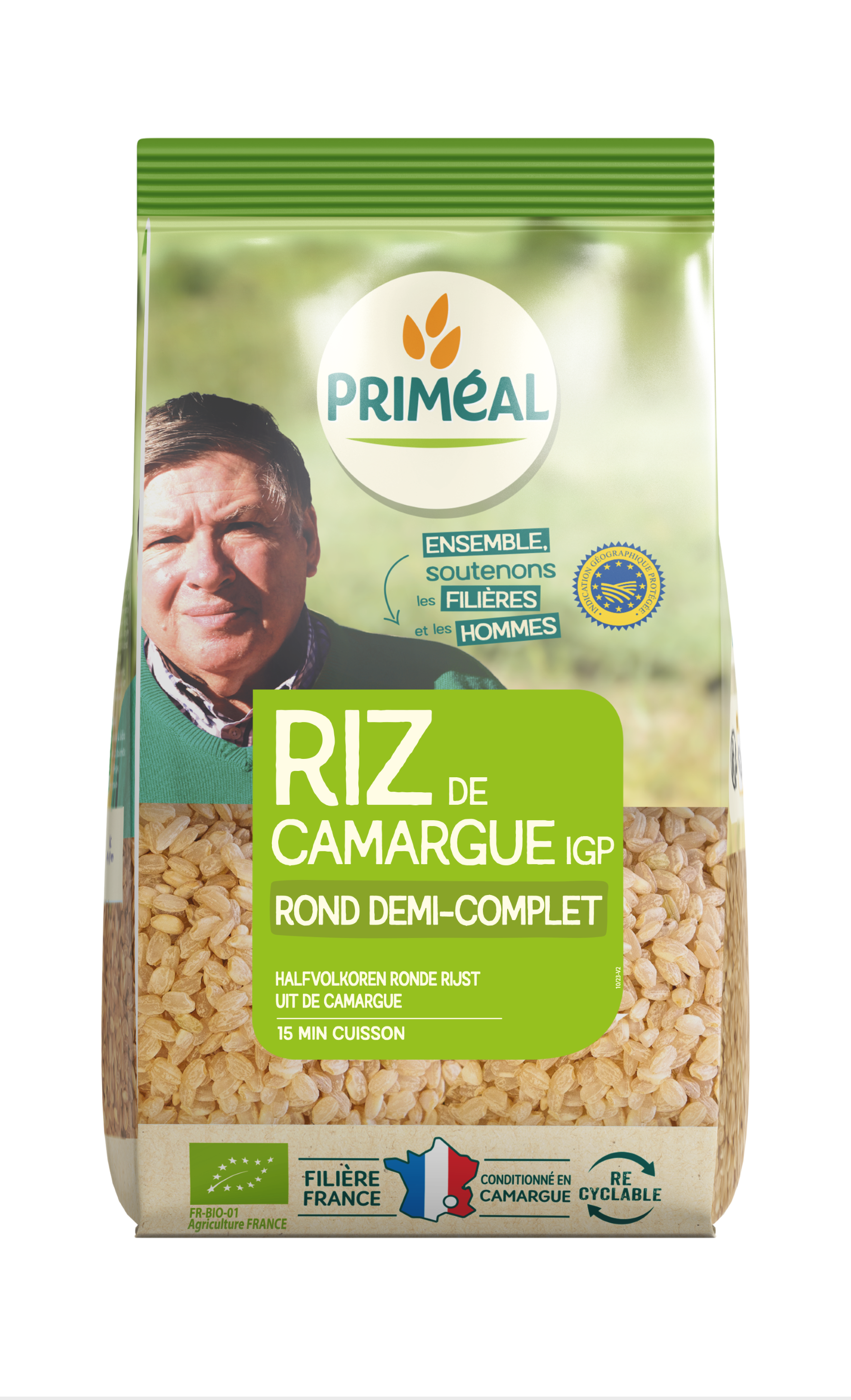 Primeal organic half-rough round rice from Camargue in a 1kg package, ideal for healthy pasta and rice dishes.