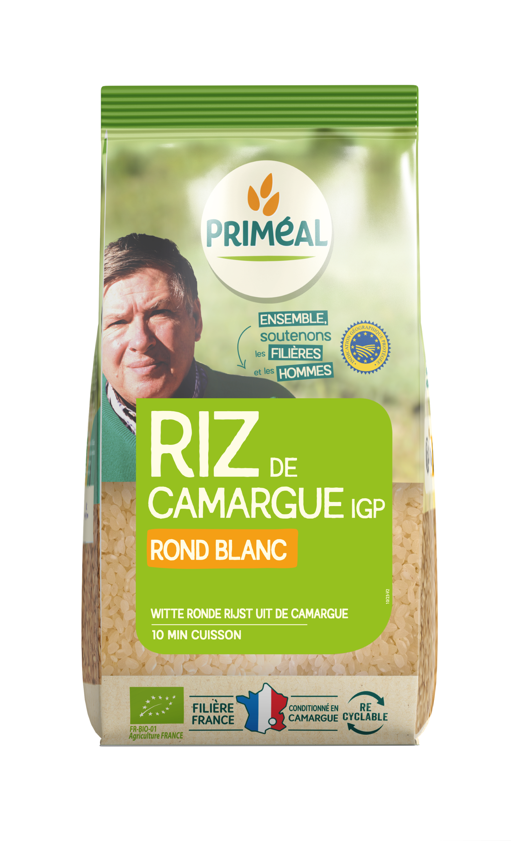 Primeal Witte Ronde Rijst Camargue bio, 500g, packaged in a clear plastic bag, showing the round white rice grains.