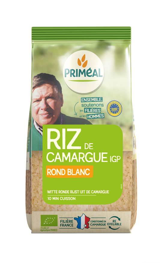 Primeal Witte Ronde Rijst Camargue bio, 500g, packaged in a clear plastic bag, showing the round white rice grains.