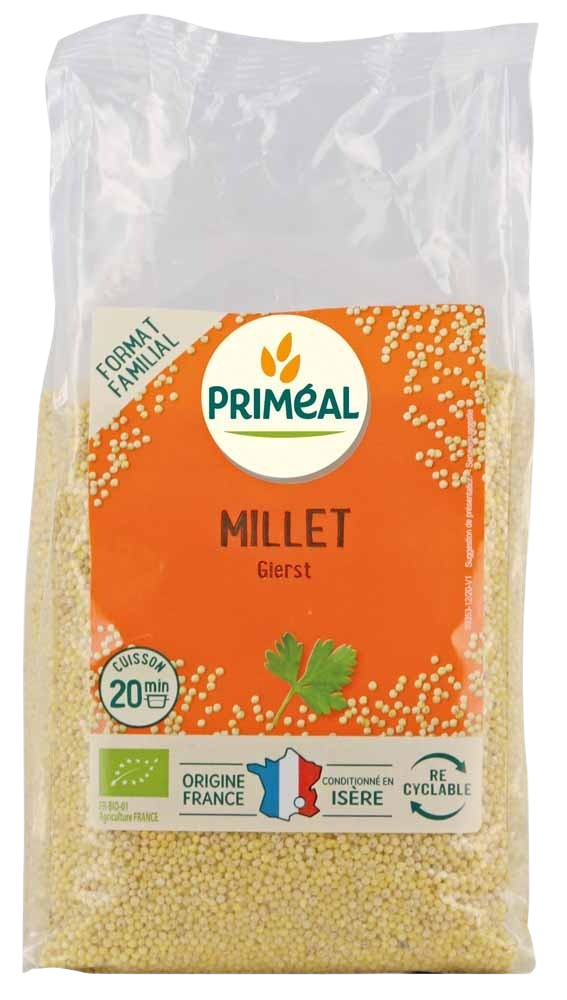 Organic Primeal millet breakfast grains from France, 1 kilogram package, showing a clear image of the gluten-free cereal in a bag