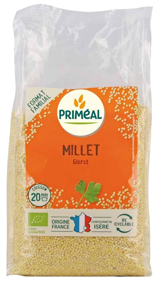 Organic Primeal millet breakfast grains from France, 1 kilogram package, showing a clear image of the gluten-free cereal in a bag