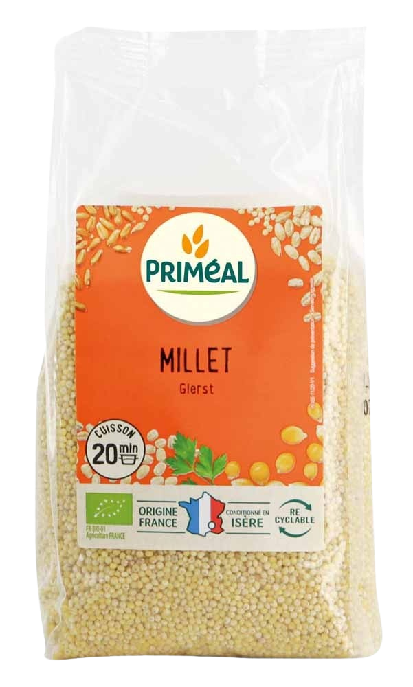 Organic Primeal Gierst breakfast grains from France in a 500g package, showing the cereal grains and packaging.