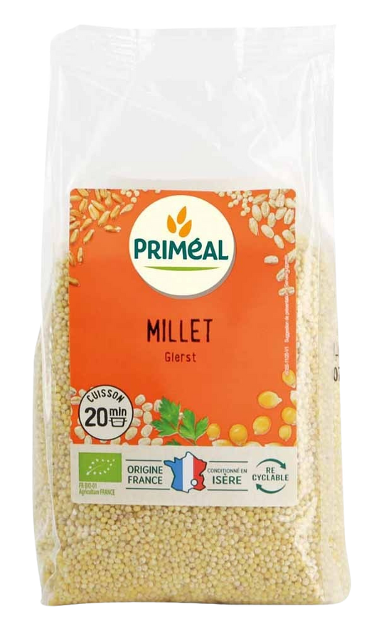 Organic Primeal Gierst breakfast grains from France in a 500g package, showing the cereal grains and packaging.