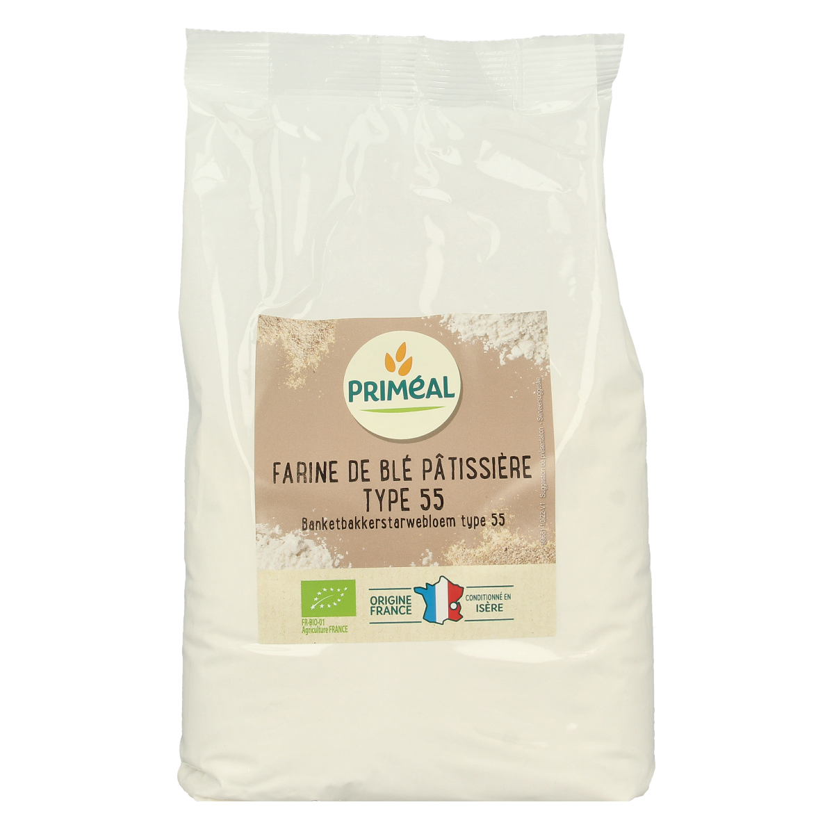 Primeal T55 organic wheat baking flour in a 1kg package, suitable for baking and cooking needs, featuring natural wheat grains.