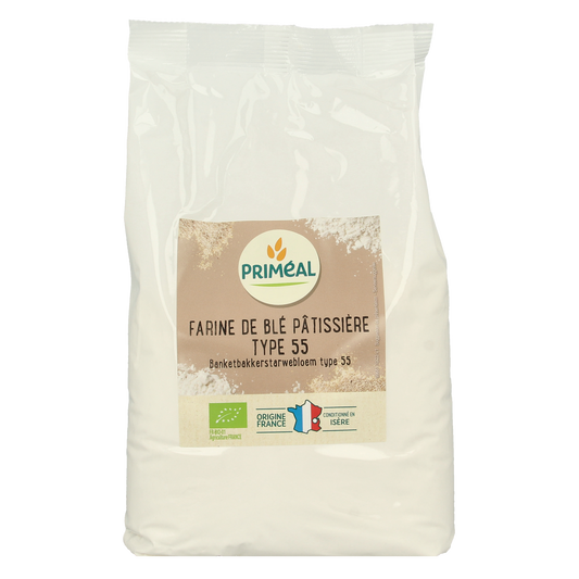 Primeal T55 organic wheat baking flour in a 1kg package, suitable for baking and cooking needs, featuring natural wheat grains.