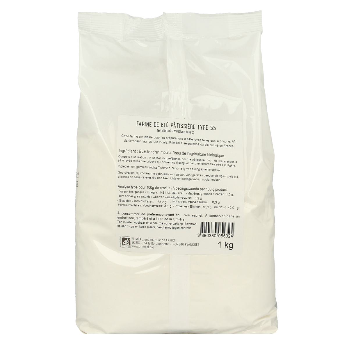 Primeal organic T55 wheat flour for baking, shown in a 1kg package, suitable for breakfast cereals and baking recipes.