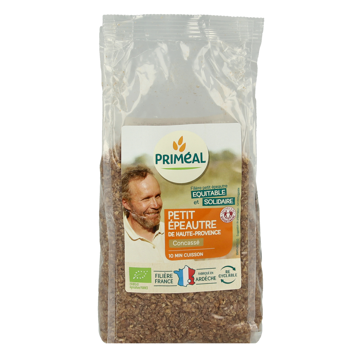 Primeal organic bulgur from einkorn spelt, 500g, in a clear package, suitable for healthy pasta and rice dishes.