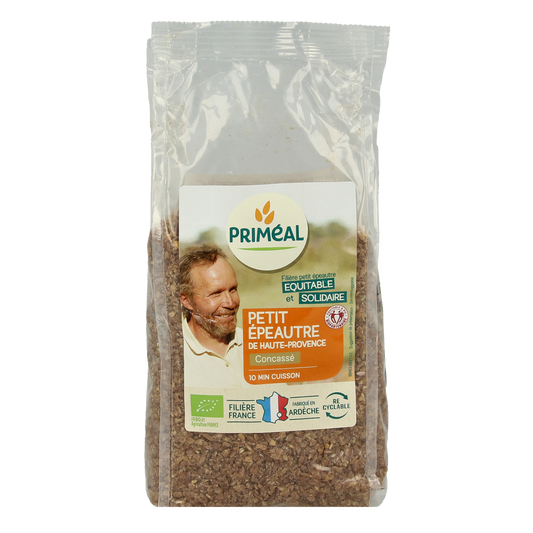 Primeal organic bulgur from einkorn spelt, 500g, in a clear package, suitable for healthy pasta and rice dishes.