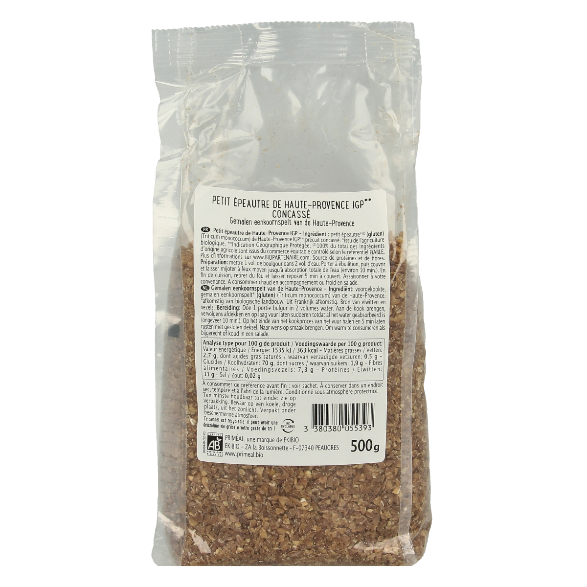 Primeal organic bulgur made from einkorn spelt from Haute-Provence, 500 grams, suitable for pasta and rice dishes.