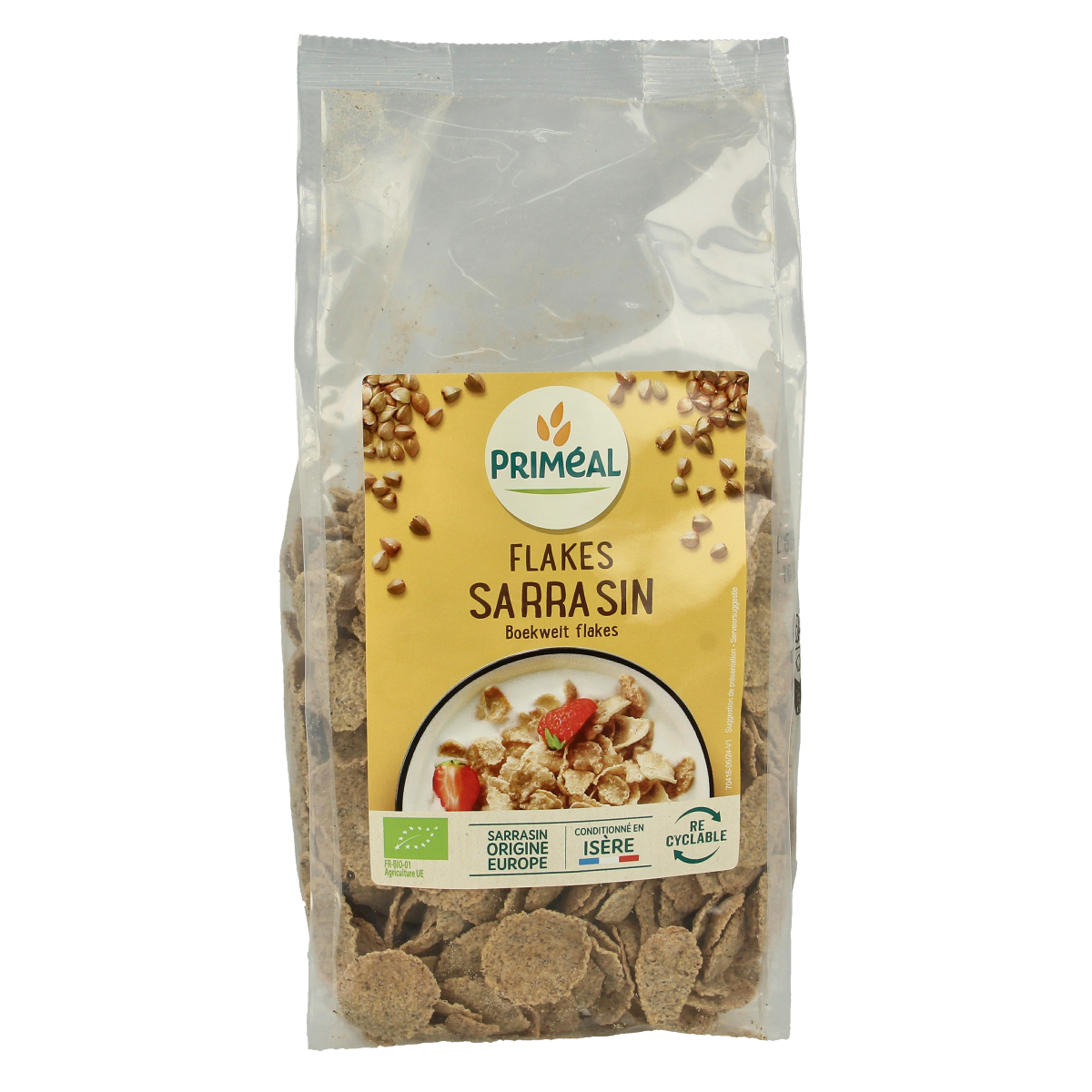 Primeal organic buckwheat flakes in a 250g package, natural breakfast grains for healthy eating.