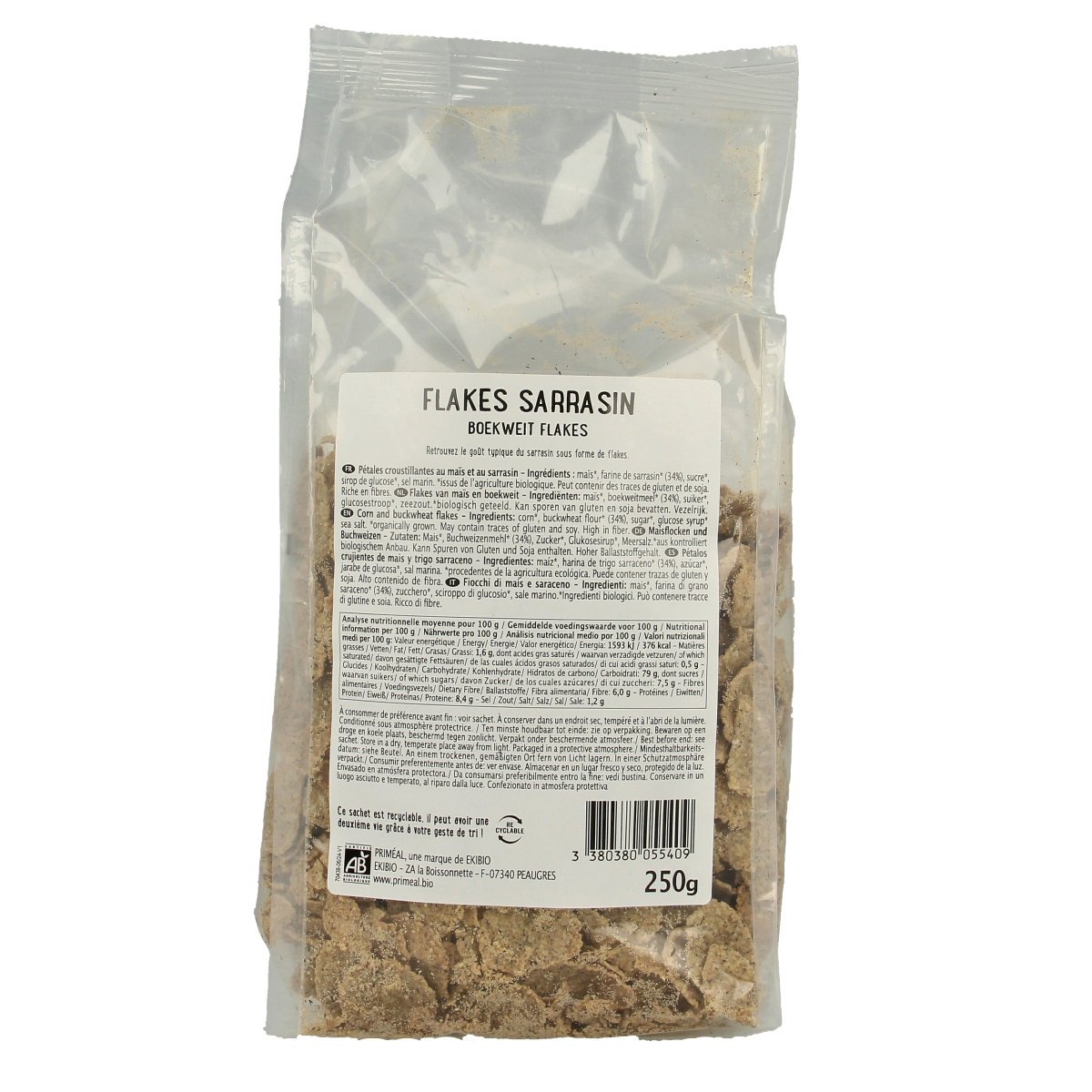 Organic Primeal buckwheat flakes in a 250g package, ideal for healthy breakfast cereals and nutritious morning meals.