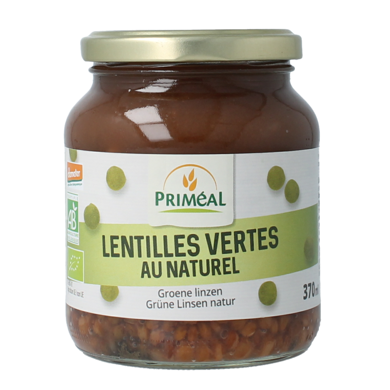 Primeal organic green lentils in 370ml container, fresh Demeter bio legumes and vegetables for healthy cooking.