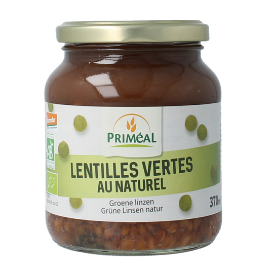 Primeal organic green lentils in 370ml container, fresh Demeter bio legumes and vegetables for healthy cooking.