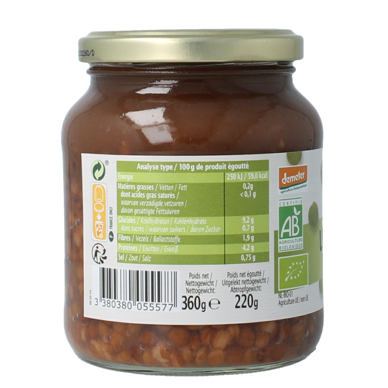 Primeal Groen Demeter Bio Linzen in 370ml jar, showcasing fresh, organic green lentils in a clear container.