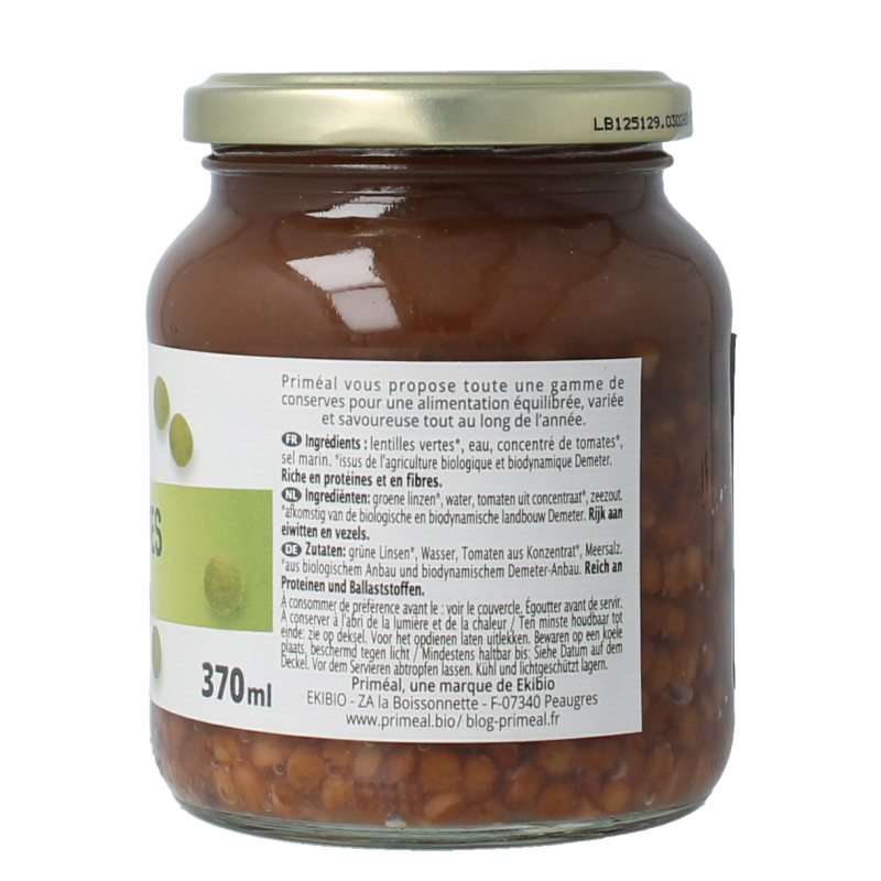 Primeal organic green lentils in a 370ml container, fresh and healthy Demeter bio produce for cooking and meal prep.
