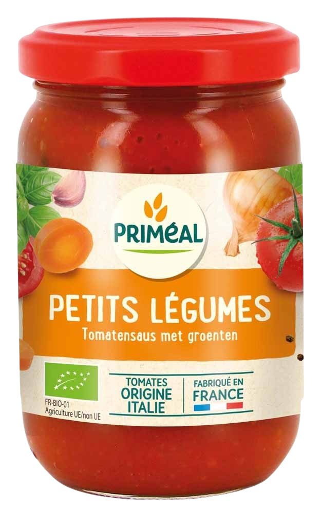 Primeal organic tomato sauce with vegetables in a 200g jar, ideal for cooking and flavoring dishes.