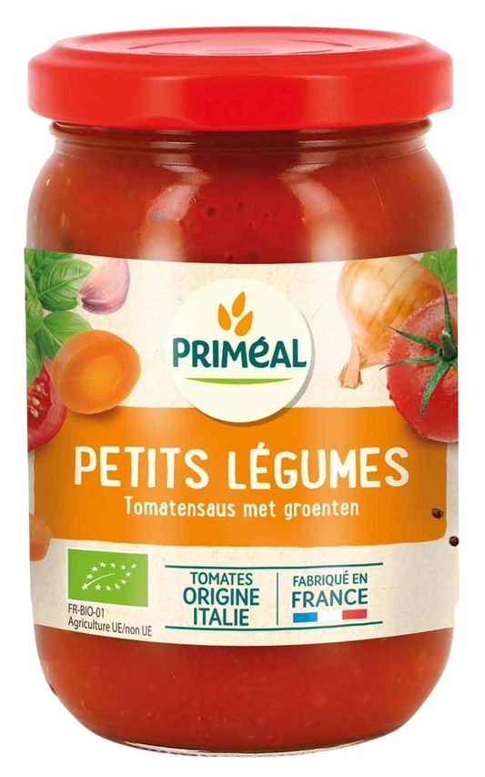 Primeal organic tomato sauce with vegetables in a 200g jar, ideal for cooking and flavoring dishes.