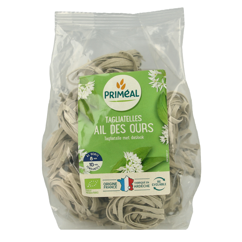 Primeal organic tagliatelle pasta made from rice and daslook, in 250g package, shown in the image.