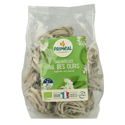 Primeal organic tagliatelle pasta made from rice and daslook, in 250g package, shown in the image.