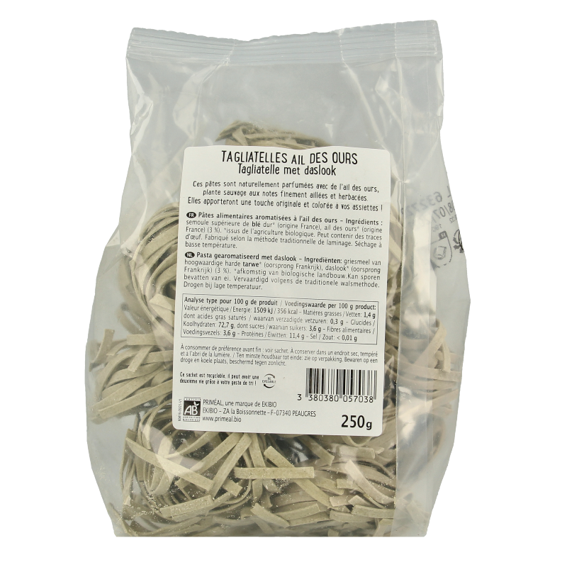 Primeal organic Tagliatelle daslook pasta, 250g, featuring thin, flat pasta noodles made from rice and daslook flavor.