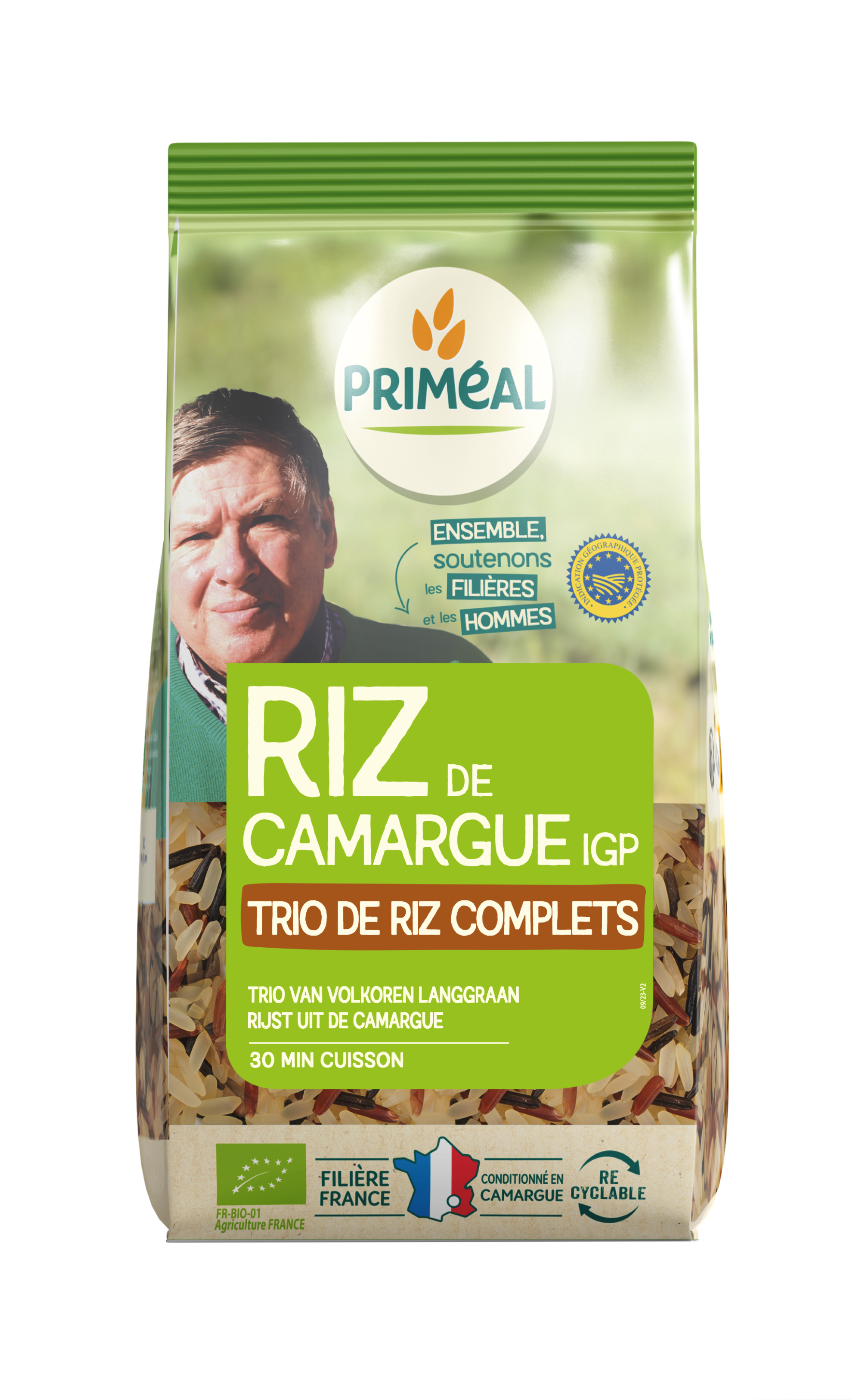 Primeal Rijst Camargue Trio Bio 500g package showing rice grains in a clear bag, highlighting organic rice product.