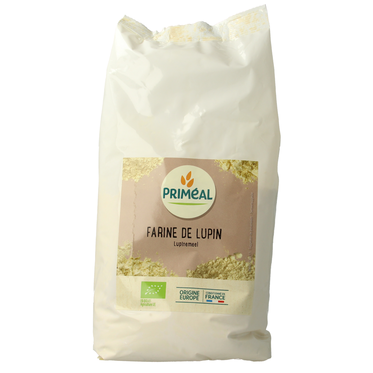 Primeal organic lupin flour in a 500g package, natural light shot showing the label and product packaging.
